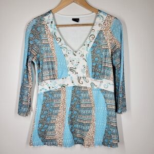Vintage Y2K Assoluto Blue Brown Floral Paisley Babydoll Top 3/4 Sleeve Top Med